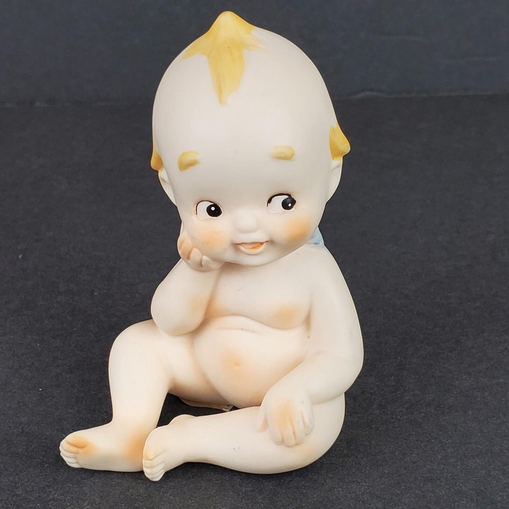 Vintage Lefton Kewpie Sitting Thinking Bisque Blue Wing Cherub Figurine C2132
